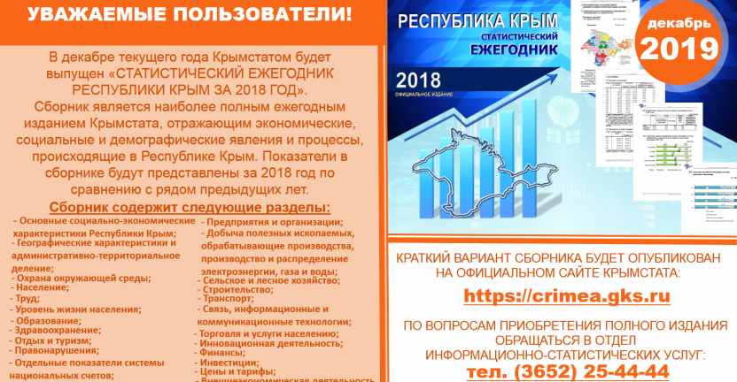 В декабре 2019 года Крымстатом будет выпущен "Статистический ежегодник Республики Крым за 2018 год"